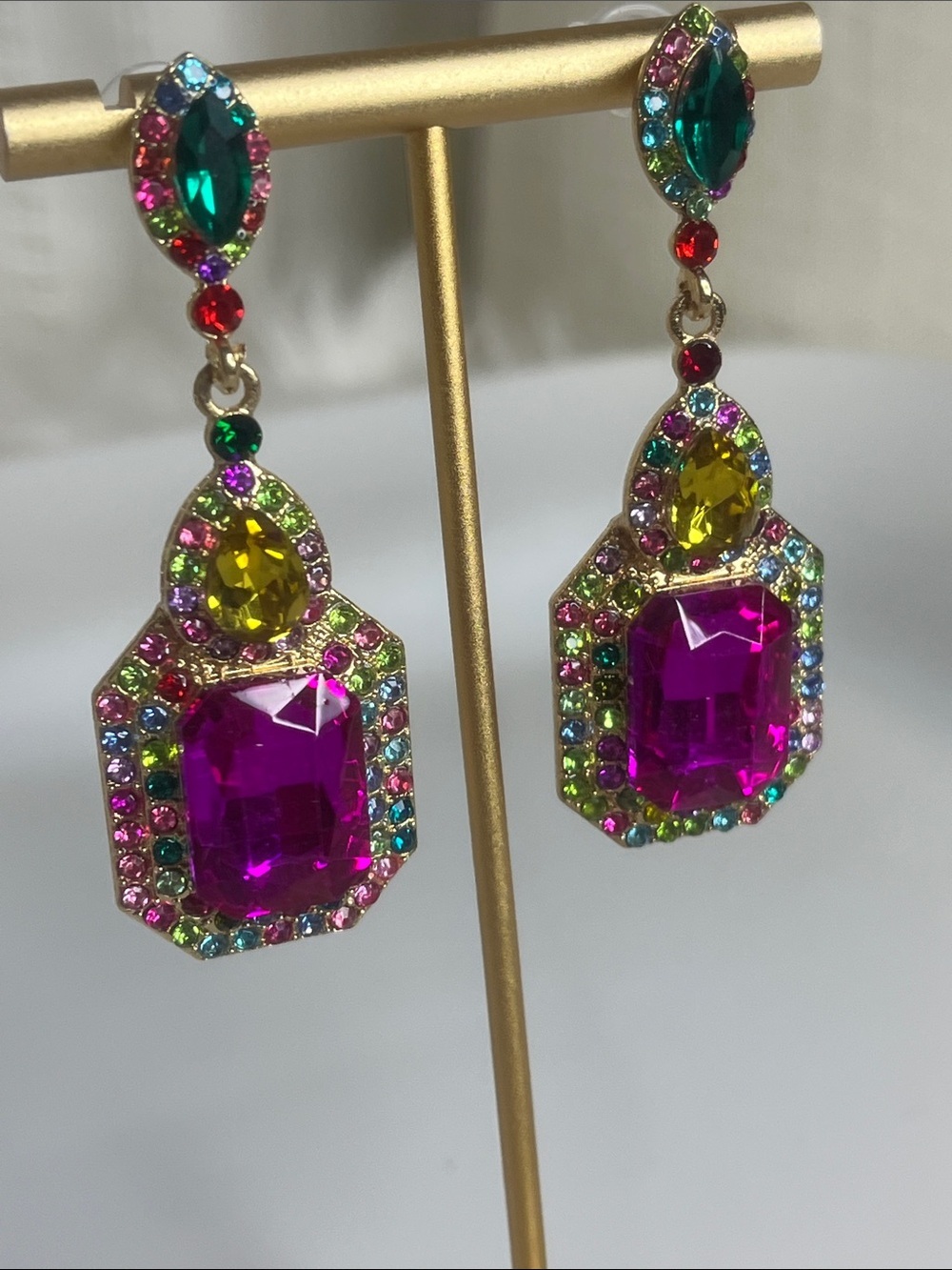 Multicolor Crystal Drop Earrings with Fuchsia Center - Picture 4 of 7